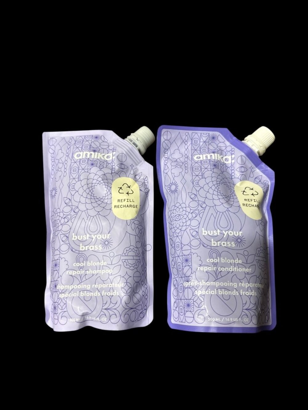 Amika Bust Your Brass Cool Blonde Repair Shampoo & Conditioner Refill 16.9 Fl oz
